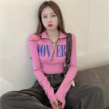 Zipper Letter Print Long-Sleeved T-Shirt Women Autumn New Short Repair Height Korean Version Of Wearing Fashionable Clothes