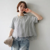 Multiplication A Large Number Of Light Retro Mesh Splicing T-Shirt Women Round Collar Three-Dimensional Design Commuting Level Sense On The Sense Of The Level