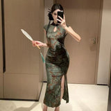New Chinese Style Retro Sexy Print Improved Cheongsam Dress Women's Summer Style Thousands Of Pack Hip Long Skirts