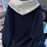 Autumn And Winter New Korean Version Of Lazy Loose Thin Single Buckle Design Sense Hooded Long-Sleeved Top