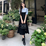 Large-Size College Wind And Fake Two Pieces Of Splicing Dress Women's Summer Fat Mm New Waist Display Thin Word Long Skirt