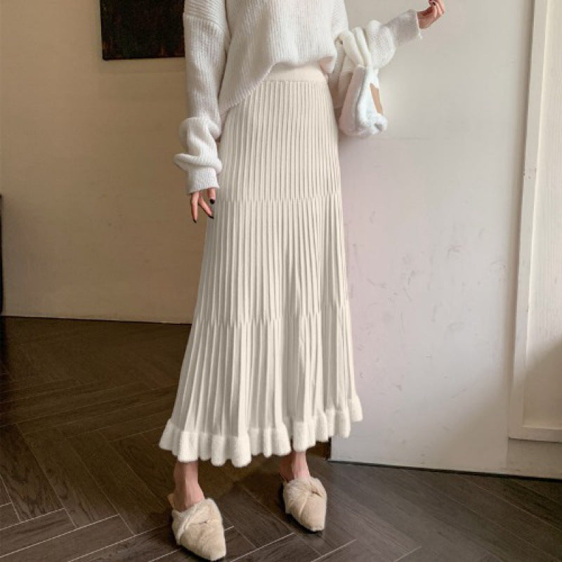 KANING Crowing Pink Folded Skirt High Waist Swing Skirt 2026 Autumn And Winter New Knitted Half Dress Woman