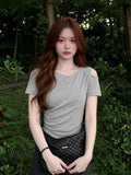 Korean Double Gray Shoulder Design Embossed Short-Sleeved T-Shirt Women's Oblique Shoulder