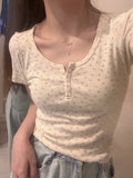 Summer New U-Necked Broken Flower Short Sleeves Short Shoulder Blouse Girl Slimming Bottom Small Fresh T-Shirt Girl