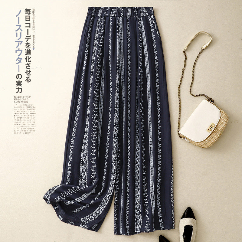 In The Summer Of 2025, The New Printed Cotton And Hemp Literature And Art Relaxed Leisurely Broad Leg Pants Women