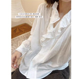 Wooden Ear Splicing Solid Color Loose Shirt Women 2025 Autumn Dress New French Collar White Shirt Top