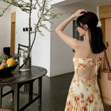 Sexy Pure Want To Break The Flower Sidet Shoulder Strap With Hanging Neck Dress Women's Summer Holiday Wind Pressure Ruffled Large Swing Dress