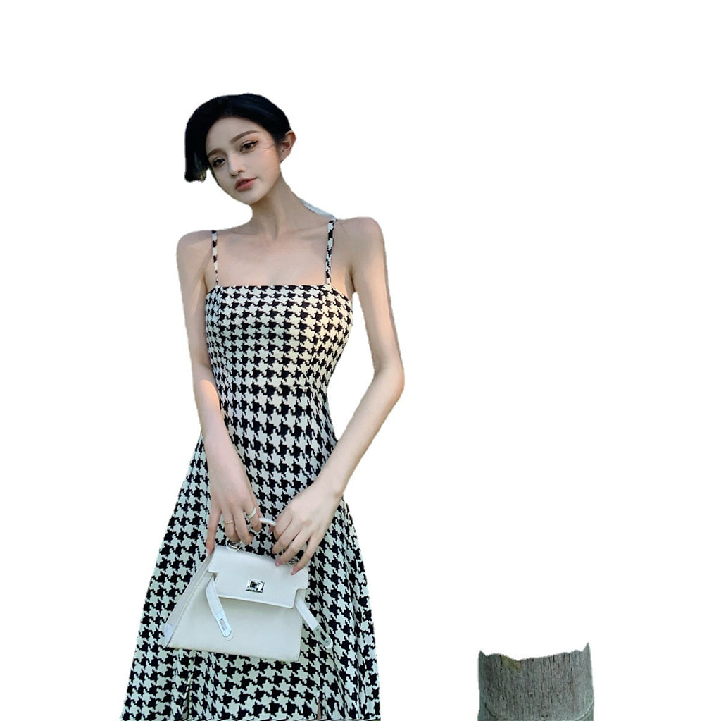 Small Man French Open Fork Thousand Bird Lattice Skirt 2025 Summer Temperament Light Style Dress Explosion