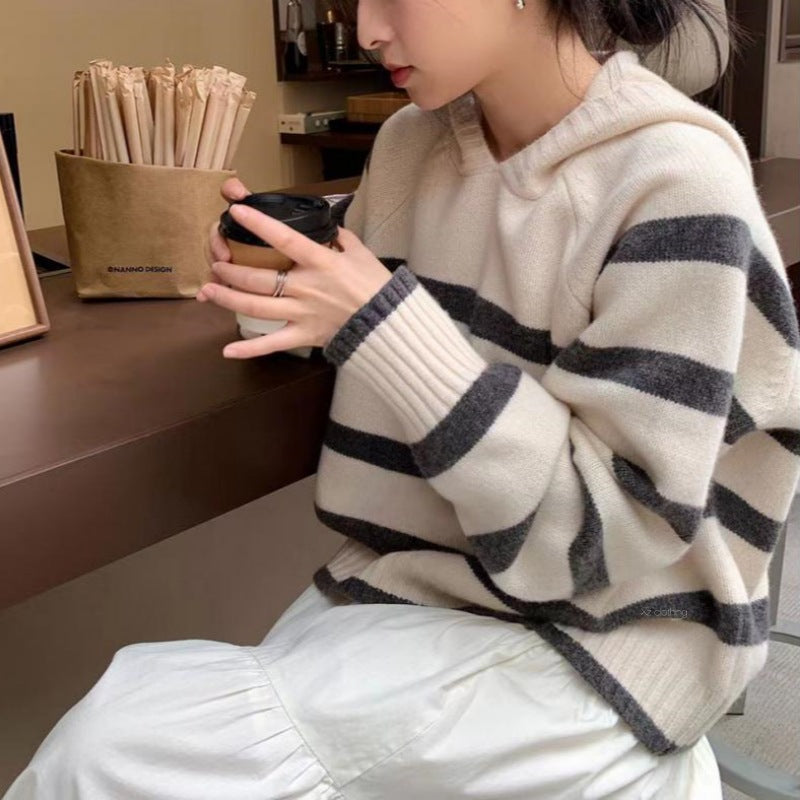 KANING Korean Version Of Soft-Finish Striped Hooded Sweater Women 2026 Autumn And Winter New Design Sense Fashion Loose Knitting Shirt