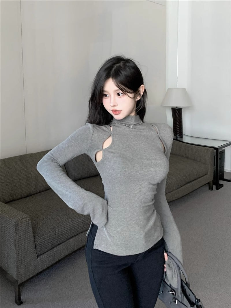 Grey Half-Neck Knitted Jersey Women Autumn Long-Sleeved Hollow Body Tight Open Fork Inside The Design Feel Bottom Top