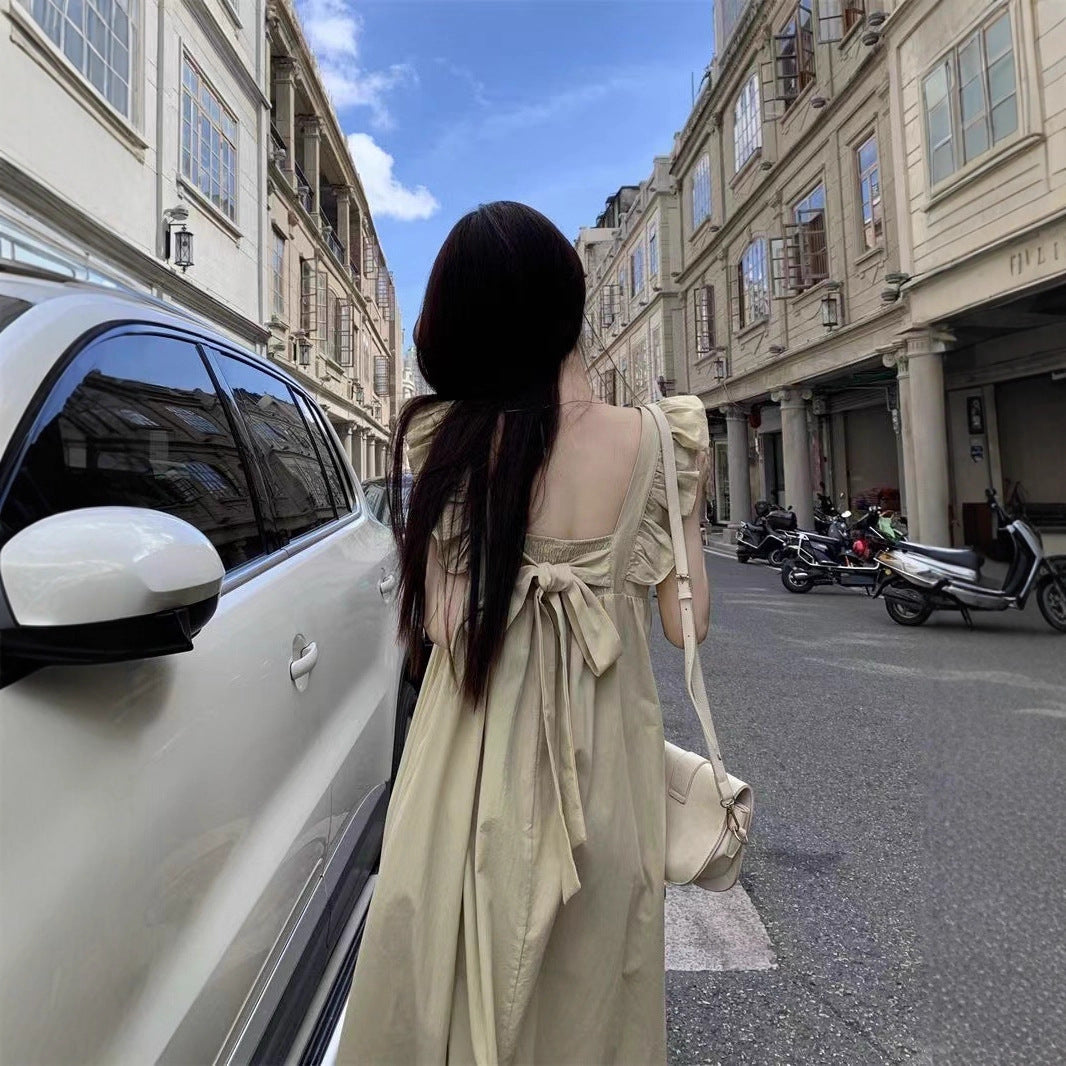 Sweet And Bare-Backed Flying Sleeve Bow Tie Dress Summer New Holiday Masked Thin Long Dress
