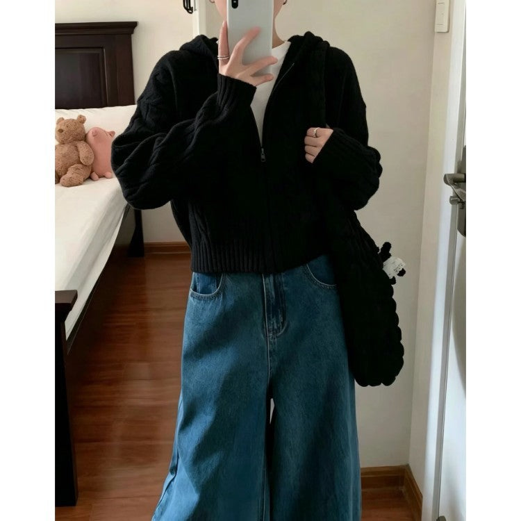 LEKA Korean Version Of The Jasmine Hooded Zip Knitted Cardigan 2026 Autumn And Winter New Women's Short Sweater Coat Top