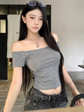 Ins Pure Passion Hottie Personality Short-Word Shoulder Short-Sleeved T-Shirt Girl Summer New Body-Bottomed Top Woman Tide