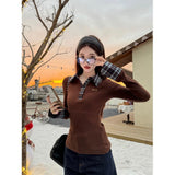 Korean Red Lattice Spliced Long-Sleeved T-Shirts For Girls In Spring And Autumn And Winter Repair Clothes And Fake Two Morning And Autumn Tops