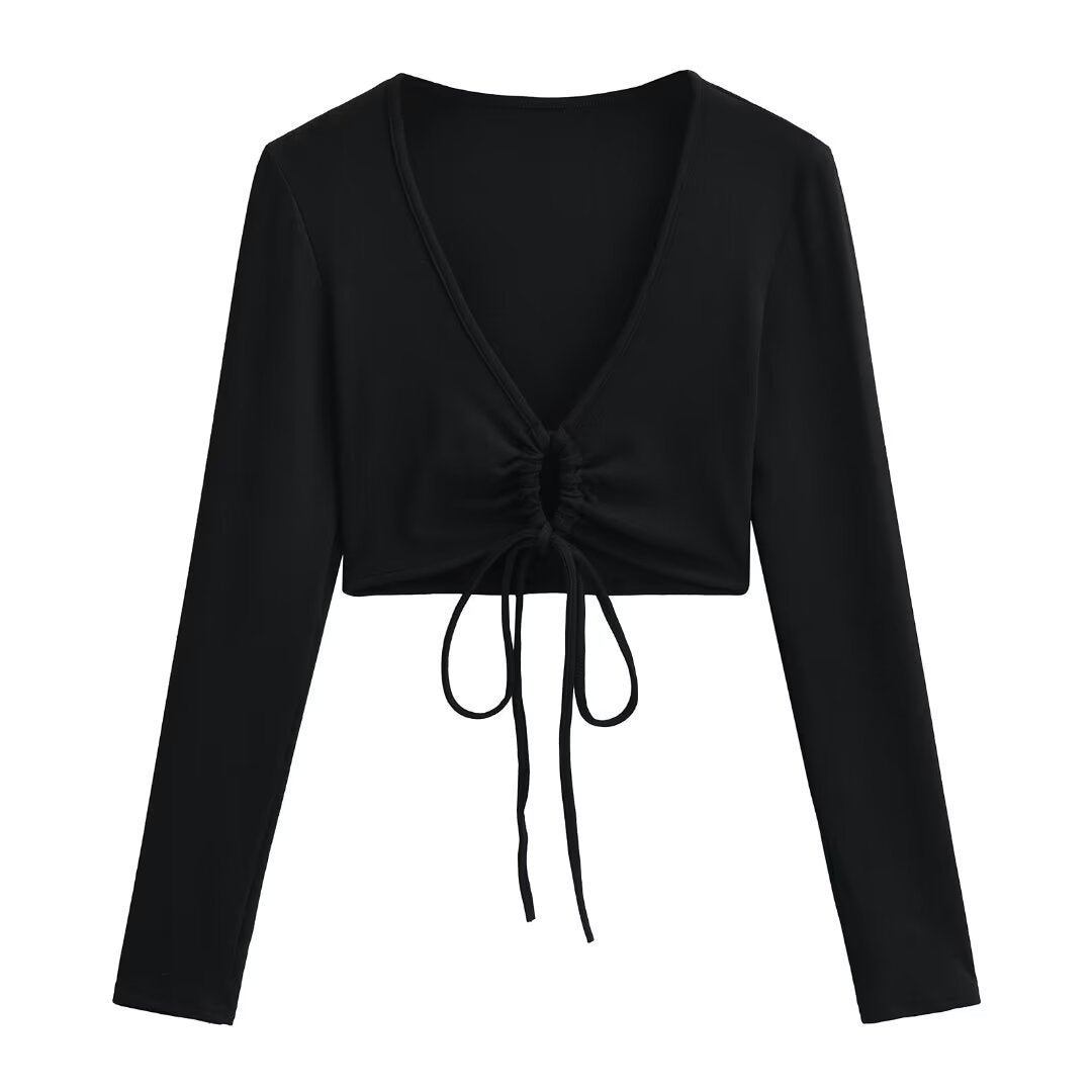 Spice Girls Spring Ultra-Deep V Rope With Long Sleeve T-Shirt Shawl Short Coat Top