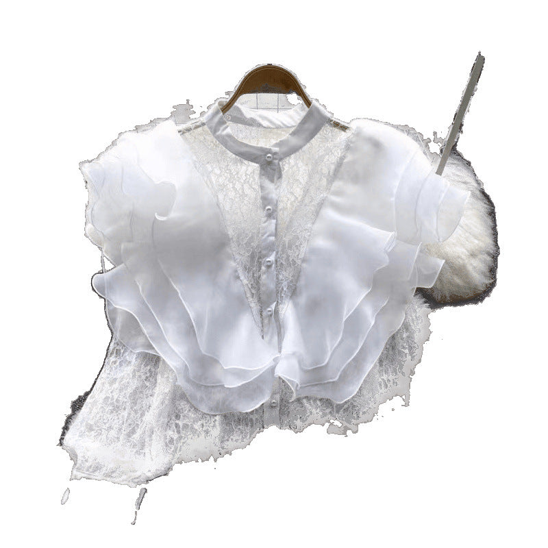 French Small Luxury Three-Dimensional Lotus Side Splicing Round Collar Pearl Single Buckle Lace Jersey Top