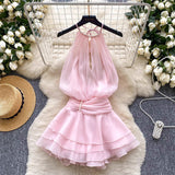 Pure Desire To Hang Neck Nail Beads Hanging Dress Goddess Fan Temperament Waist Lotus Leaf Side Chiffid Skirt Fairy Style Holiday Dress