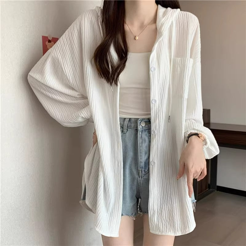 [] Medium And Long White Thin Hooded Sunscreen Shirt Coat Women's Large Summer Outside The Shirt Top