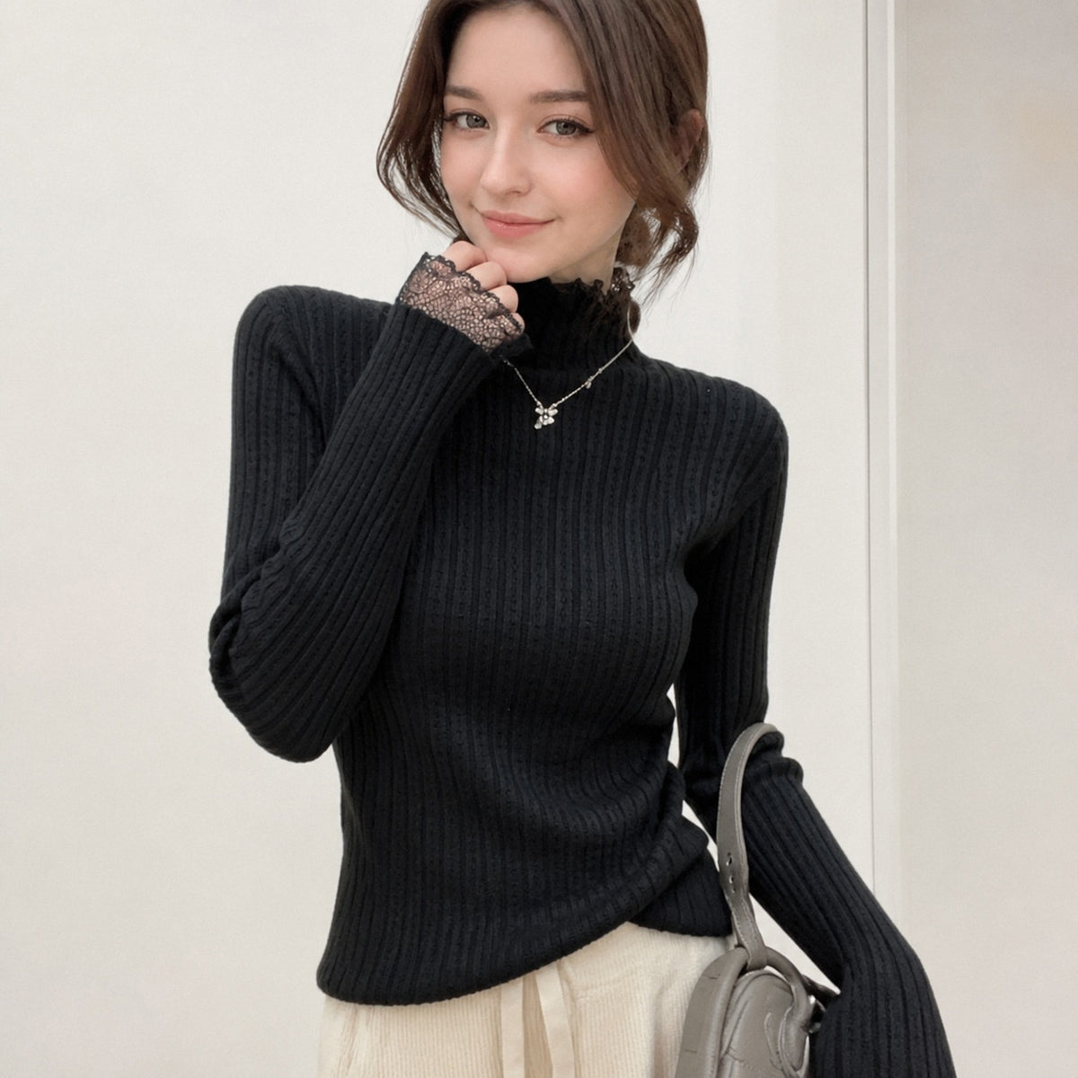 LEKA Gentle Chic Lace Half-High Collar Bottom Sweater 2026 Autumn Dress Women's New Knitted Top