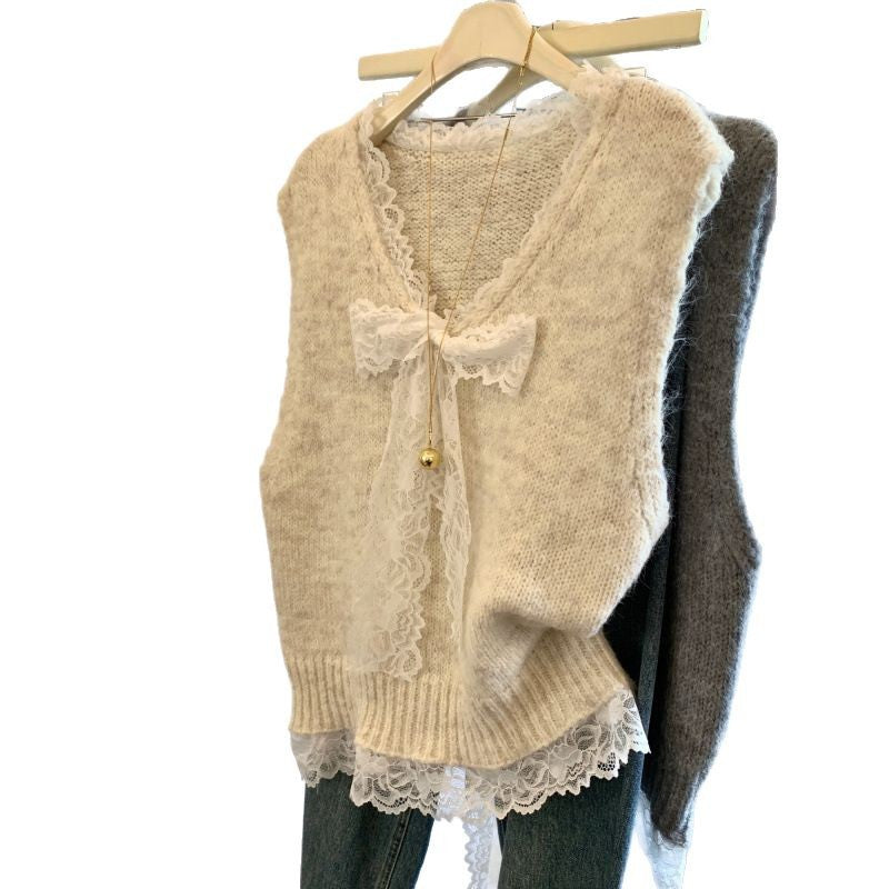 KANING Lace Bow V-Neck Sweater Vest 2026 Early Autumn New Women's Clothing Folded Sleeveless Knitted Top