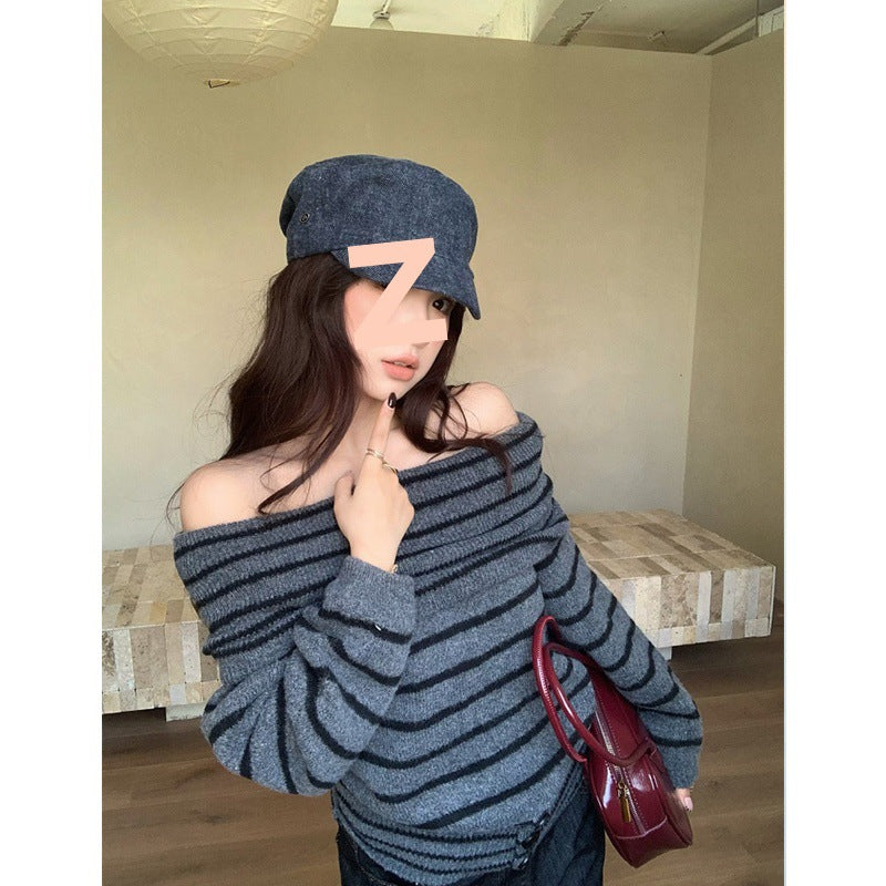 Kumikumi Languized Shoulder-Striped Long-Sleeved Sweater Women's Autumn Free-Lost Thin New Top