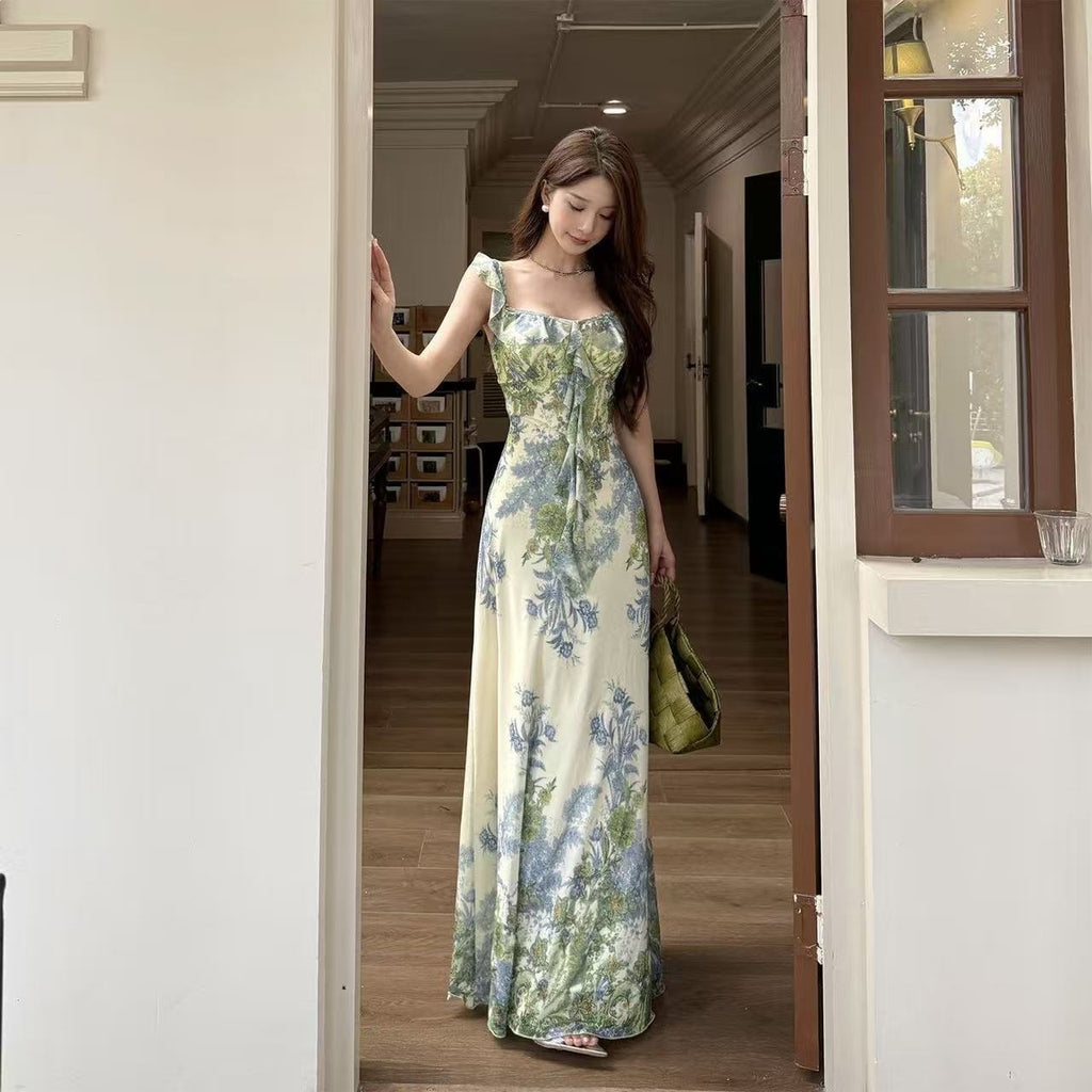 New Sensing Fengfeng High-Sensing Printed Flying Sleeve Dresses Women's Summer Bags And Buses Long Dresses