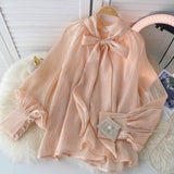 French New Super Fairy Loose Belly Bow Tie With French Shirt Long-Sleeved Temperament Top Woman