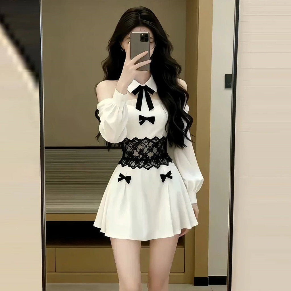 Sexy Famous Tidaught Lace Splicing Colliding With Color Bows Long-Sleeved Dress Women Spring And Autumn Waist A Word Super Short Skirt