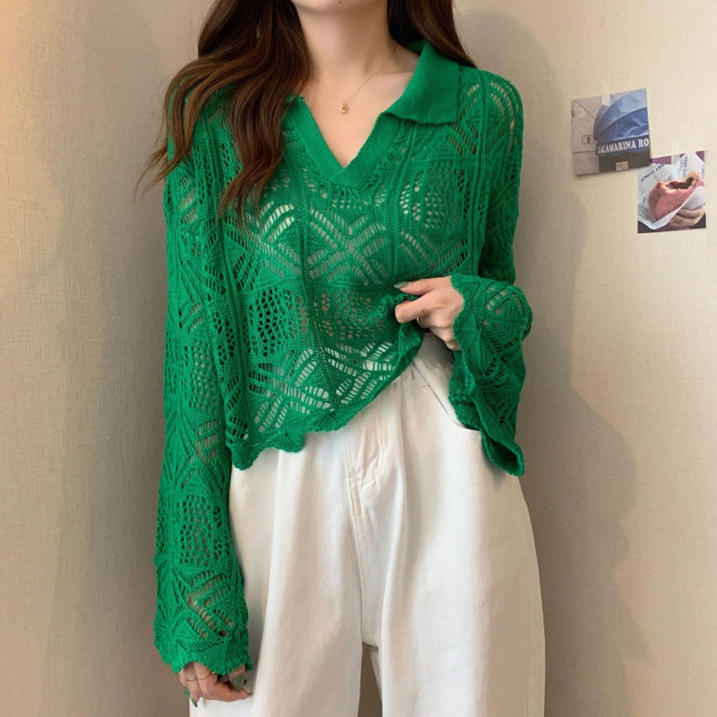 Kaning Hollow Design Hooded Long-Sleeved Knitted Shirt 2026 Autumn And Summer New Horn Sleeve Hottie Top Girl
