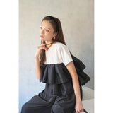 Real Shooting A Large Number Of Summer New Double-Layer Lotus Edge Spliced Women's Black And White Cotton Tops