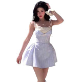 French Blue Striped Lace Spliced Low-Breasted Sling Dress Woman New Babes Waist Thin A-Word Skirt