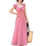 French Red Wave Dot Dress Summer New Sweet Lace Splicing High-Waist Holiday Style Long Skirt Tide