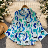 Korean Version Of Commuting Style Color Geometric Print Long-Sleeved Shirt Women's Summer Skin Permeable Loose Cardigan Temperament Top