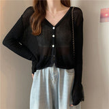 Collar Sunscreen Knitted Cardigan Women's Summer Thin Chic Air-Conditioning Shirt Coat High Waist Thin Short Hooded Top