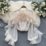Design Sense Of Irregular Lotus Leaf Side Mesh Shirt Women Spring Autumn Folded Small Group To Repair Chic Top Tide
