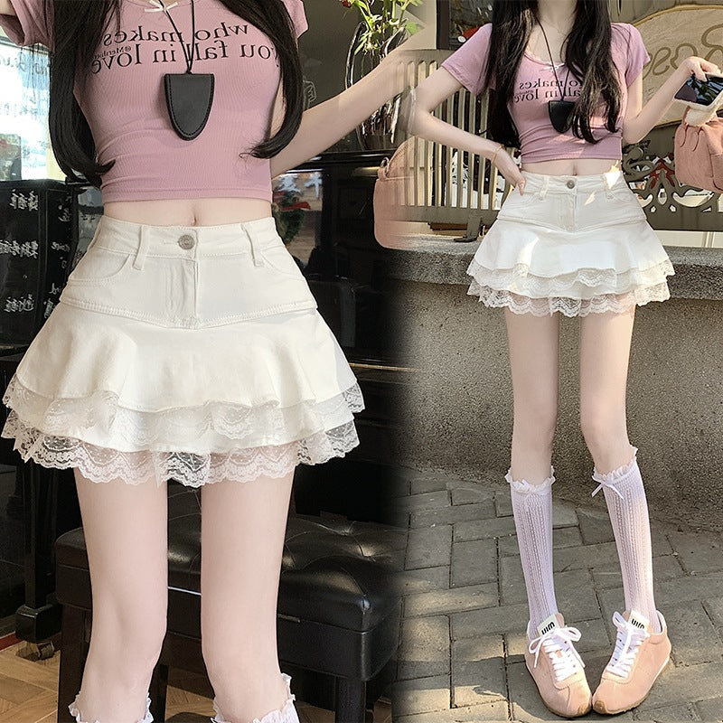 Real Shooting 2025 Pure-Hearted Hottie Design Elastic Denim Cake 100-Folded Skirt Skirt