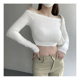 Ins Pure Lusty Umbilly Shoulder-To-Shoulder-Bottom T-Shirt Girl Spring And Autumn Hottie Short-Sleeved Blouse Girl