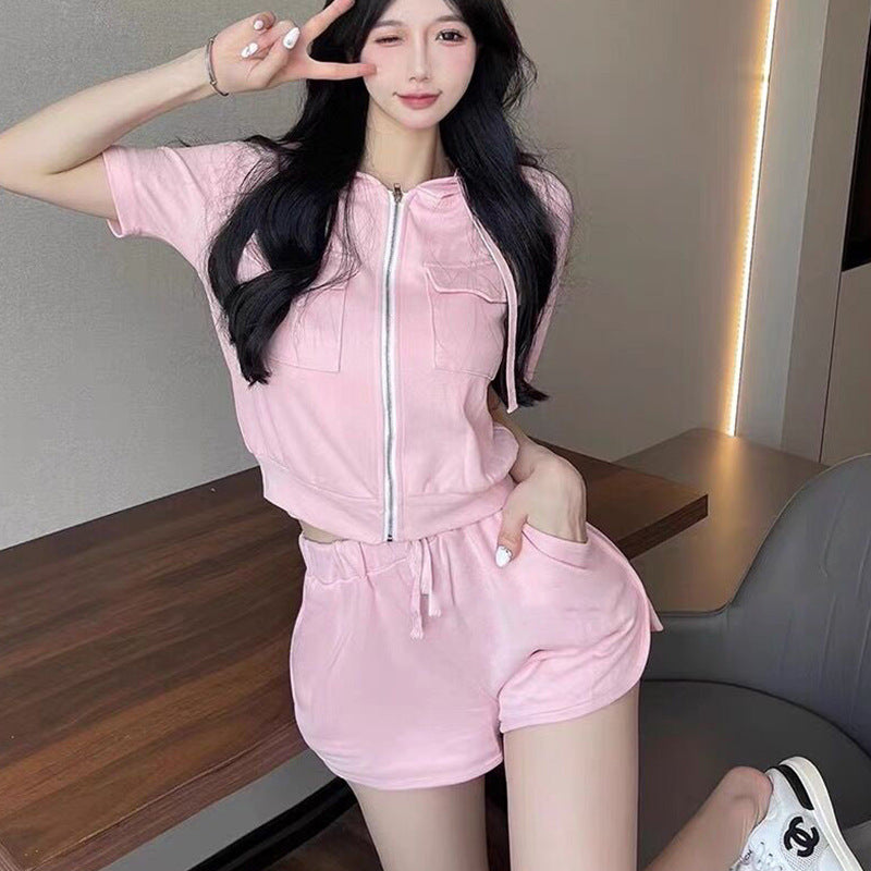 Casual Small Zipper Hoodie Hoodie Draw Shorts Set Of Women's Summer Cute Sports Style Two Sets