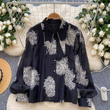 French Light Luxury Heavy Industry Diamond-Stitched Collar Lantern Sleeve Shirt Women's Fashion Glide Embroidery Single Buckle Cardigan Women's Top