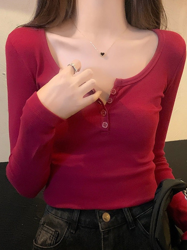 Ins Pure Hot Girls Half-Open Long Sleeves Bottom T-Shirt Spring And Autumn Threaded Button Long-Sleeved Shirt
