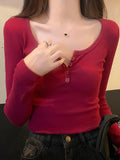 Ins Pure Hot Girls Half-Open Long Sleeves Bottom T-Shirt Spring And Autumn Threaded Button Long-Sleeved Shirt