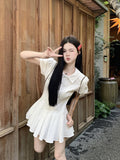 College Style Sweet White Short-Sleeved Shirt Dress Summer New Small 100-Fold Short Skirt