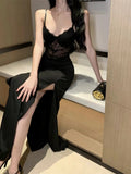 Received Waist Dress Open Black Hollow Sexy Dress Temperament Evening Dress With Chest Pads Lace Bag Hip Dress