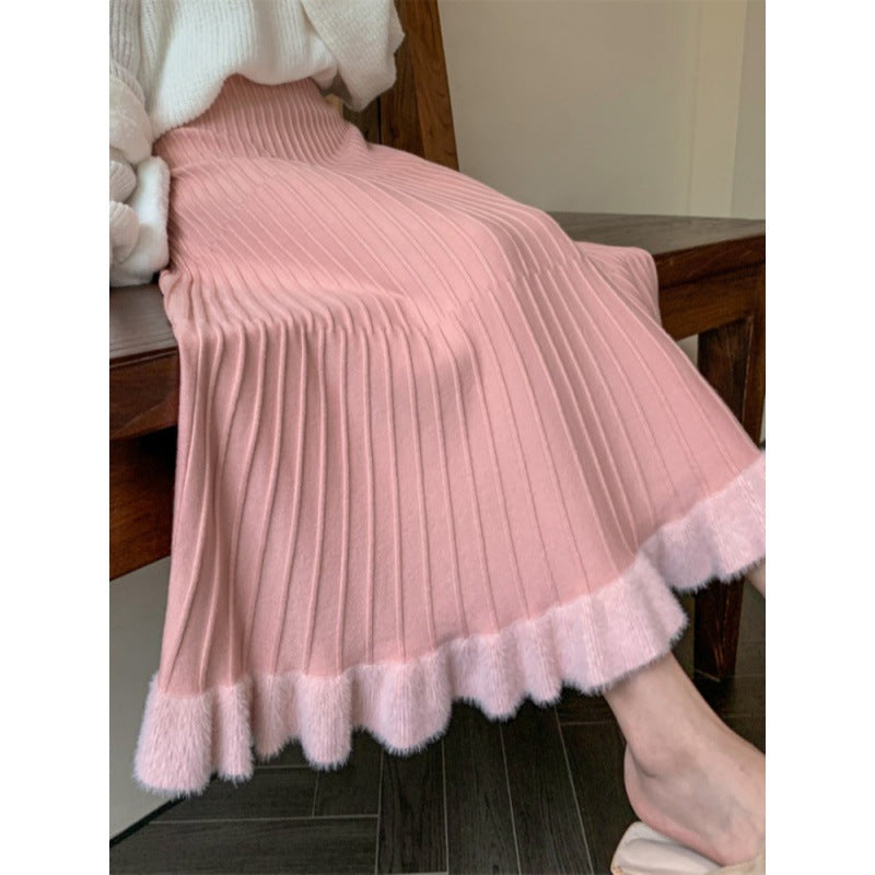 KANING Crowing Pink Folded Skirt High Waist Swing Skirt 2026 Autumn And Winter New Knitted Half Dress Woman
