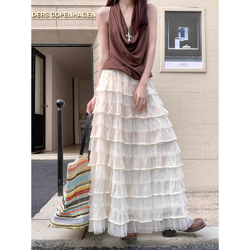 [Original Practice] Korean Court Style Rice Apricot Silk Velvet Cake Layer Unkempt Net Yarn Half Skirt