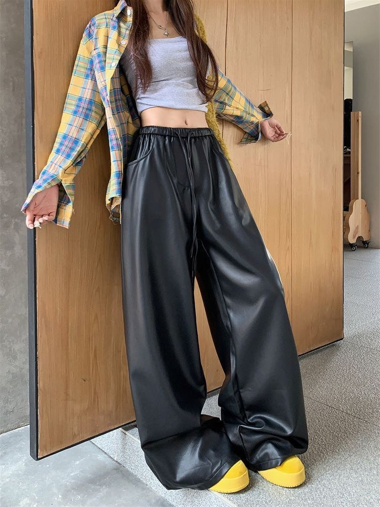 Black Leather Pants 2025PU Slacks Autumn And Winter High Waist Thin Straight New Pants Loose Mop