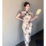 Fashion Simple Cheongsam Young Girl Retro Print Waist Thin Improved Chinese Dress Women Summer