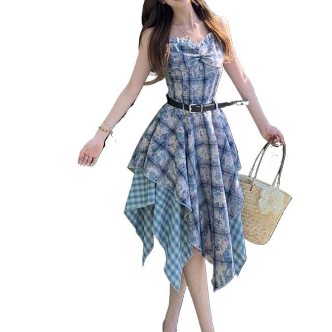 Blue Tie-Dye Splicing Lattice Sling Dress Femininity Summer Temperament Holiday Style Thin Irregular Long Skirt
