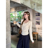 Autumn Gentle Wind With Solid Color Long-Sleeved T-Shirt Slanted Shoulders Hottie Pure Chic Repair Body Dress Woman