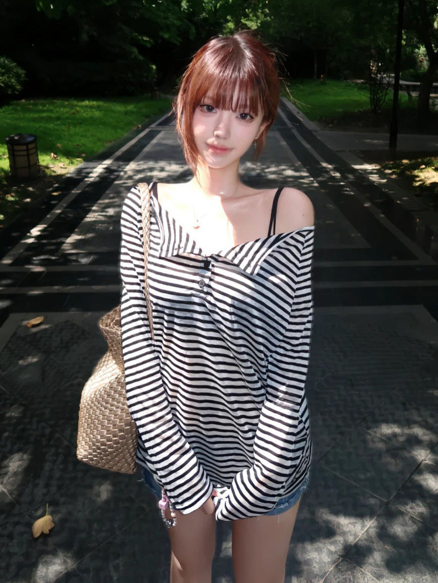 Lazy Wind High-End Striped Long-Sleeved Woman Autumn Leisure Thin Bottom Shirt Hot Girl Thin Top